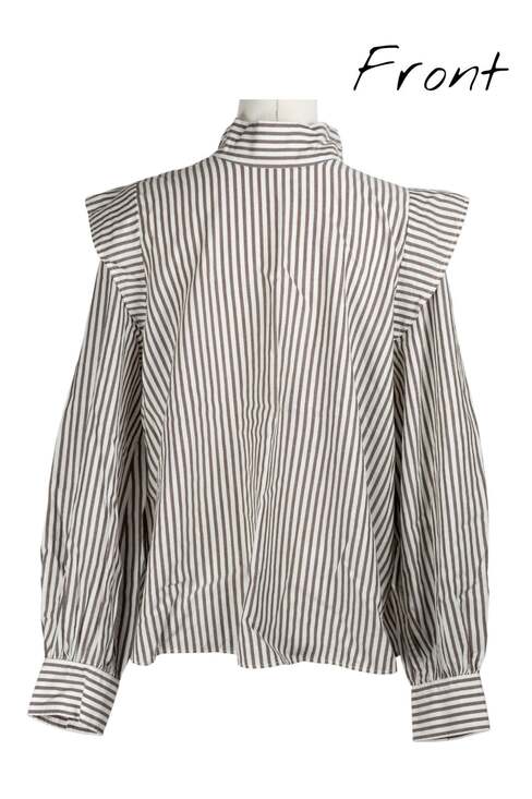 Everlane Tops - Everlane Size 2 Blouse Mock Neck Ruffled Shoulder Brown Stripe NWOT
